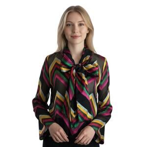 Alice + Olivia Colorful Striped Silk Bowtie Sheer Button Top Sz XS Blouse Preppy